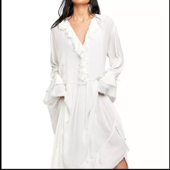 Free People Dresses & Skirts - Free People Darlin Ivory Maxi Dress Raw Edge Tiers Ruffles Frilly Sleeves Boho